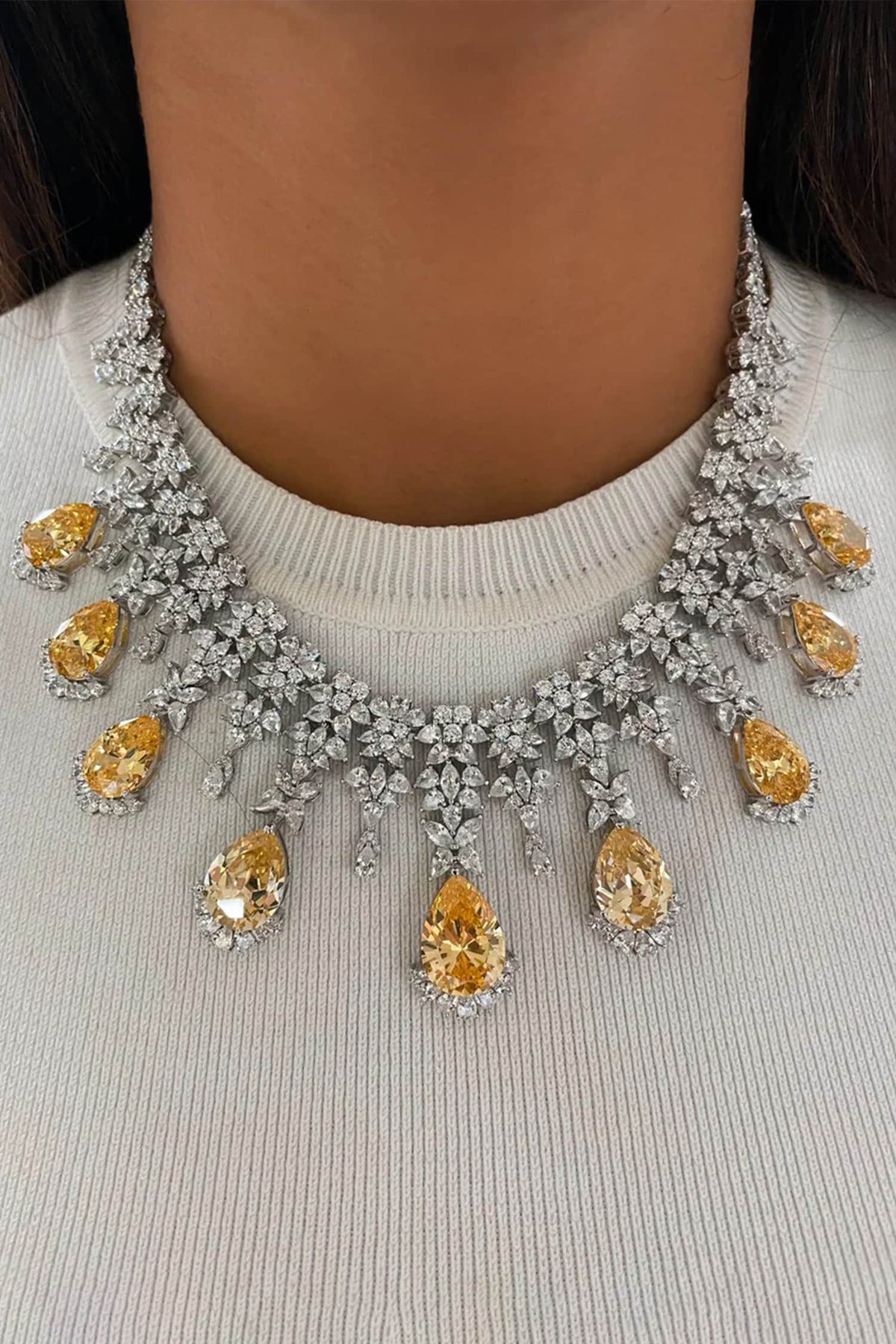 Citrine Drop Flower Diamond Necklace Set 