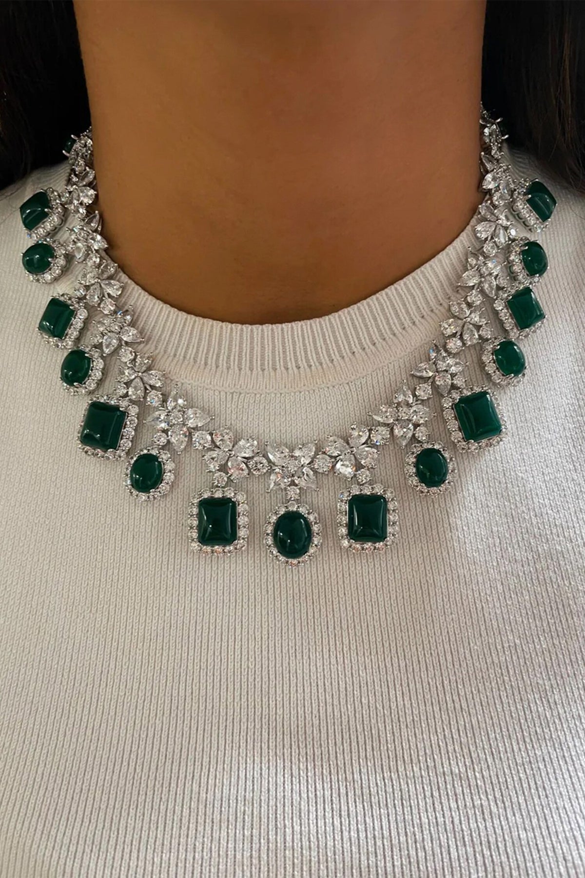 Emerald Diamond Floral Necklace Set 