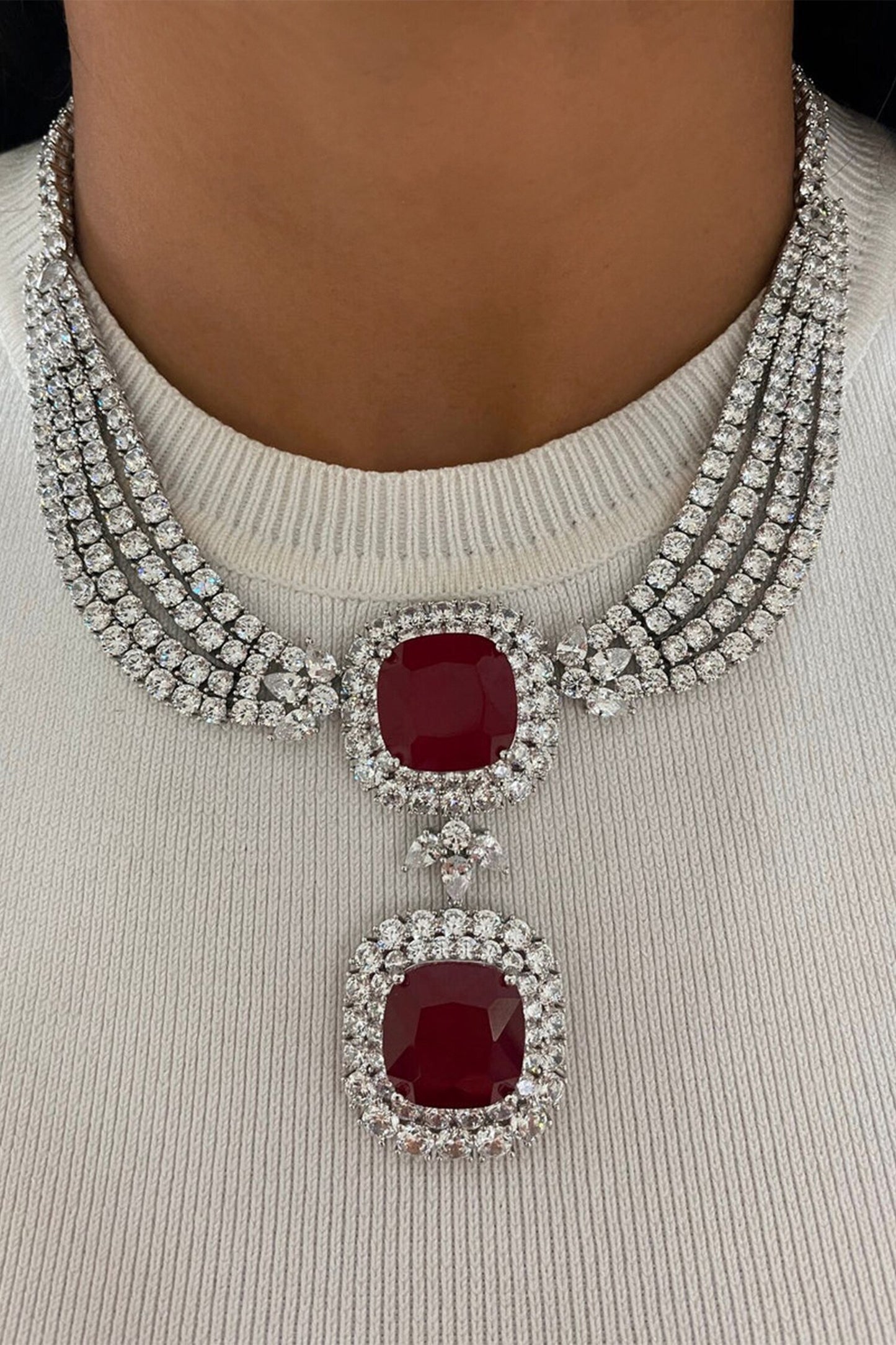 Ruby Dual Drop Necklace Set 