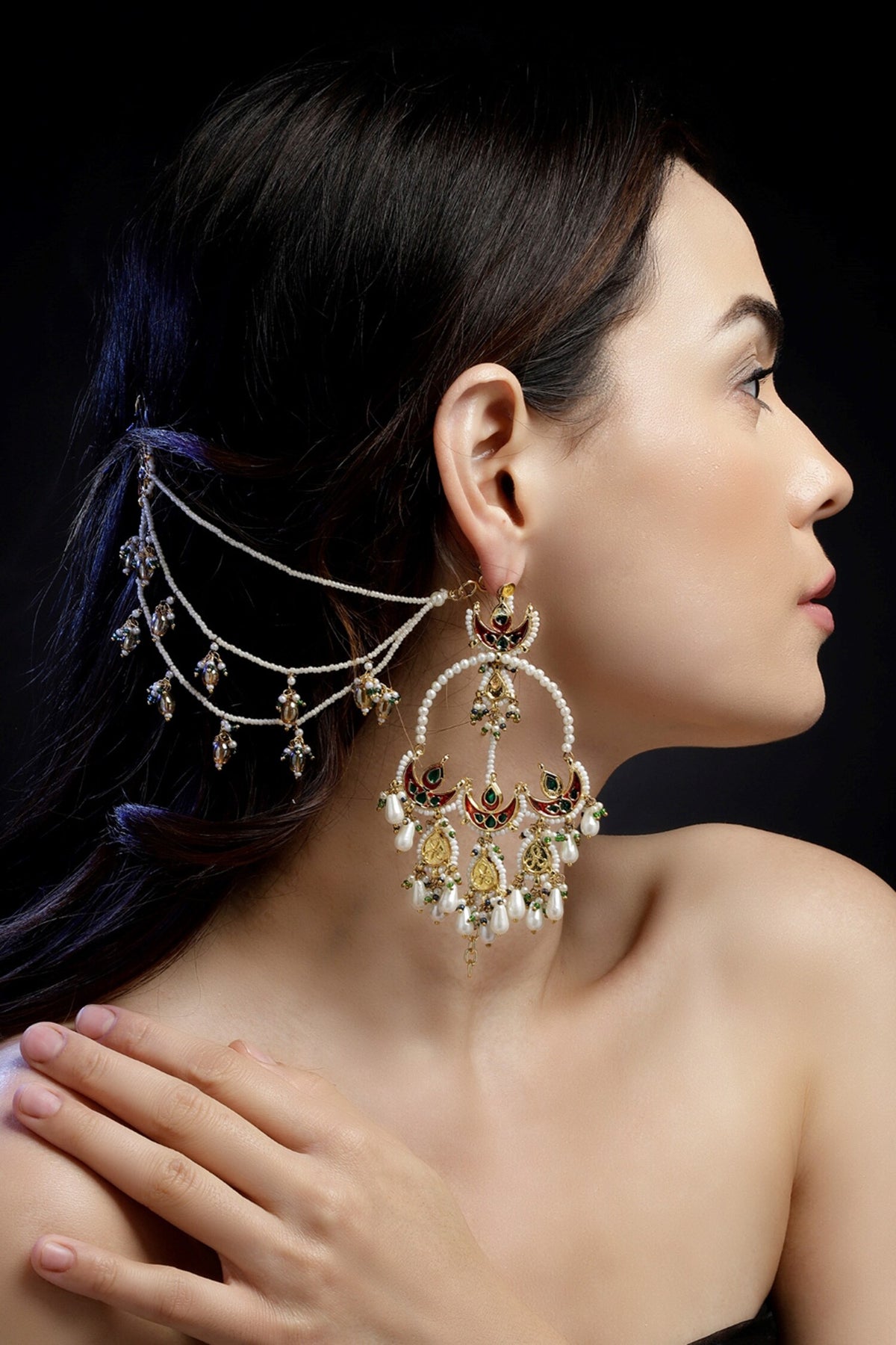 Kundan Pearl Earchains Set of 2 