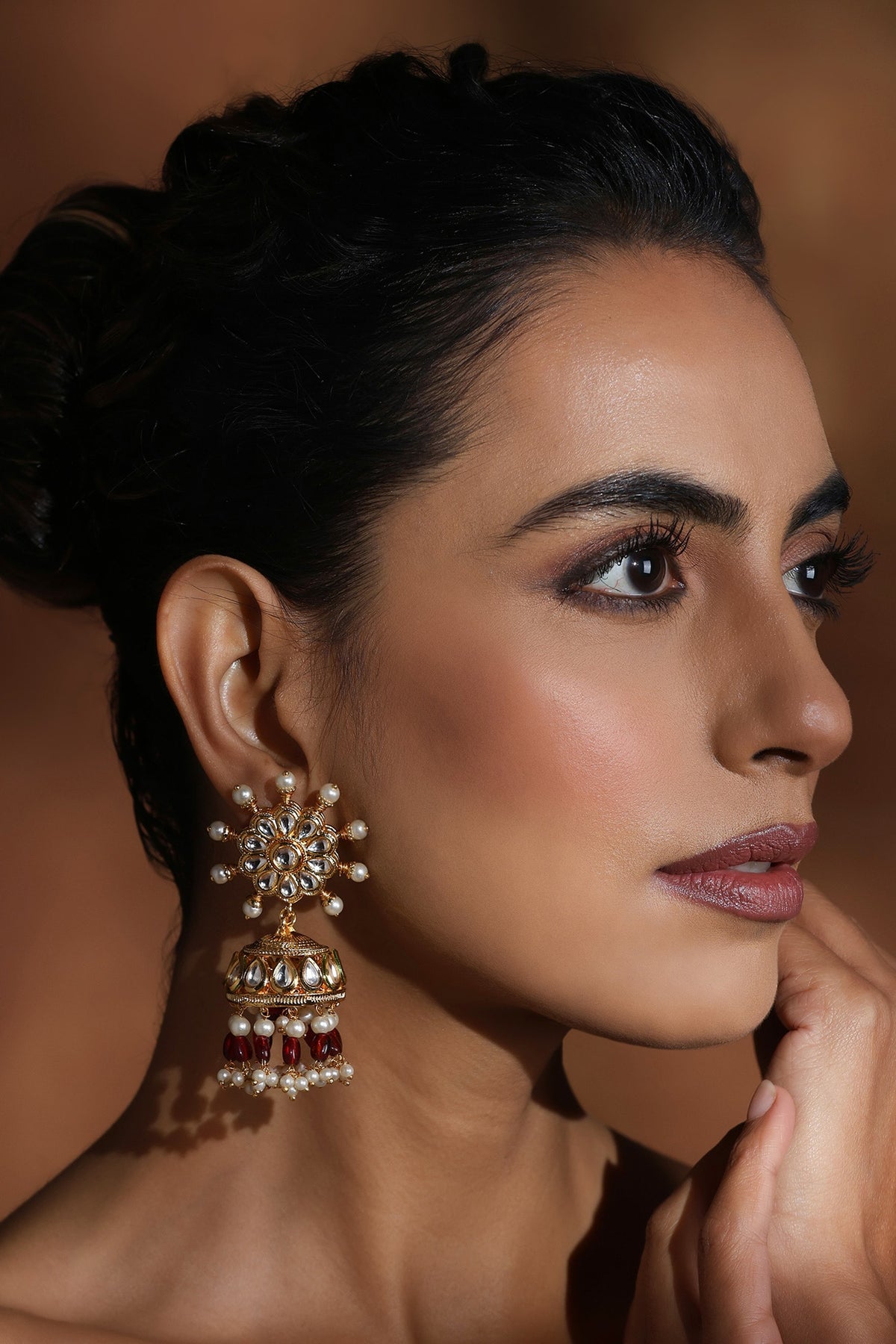 Kundan Pearl Blossom Jhumka Earrings 
