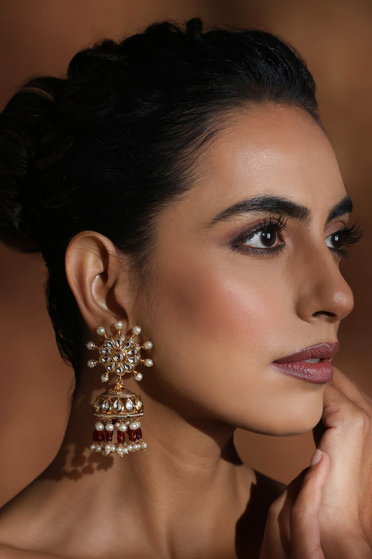 Kundan Pearl Blossom Jhumka Earrings 