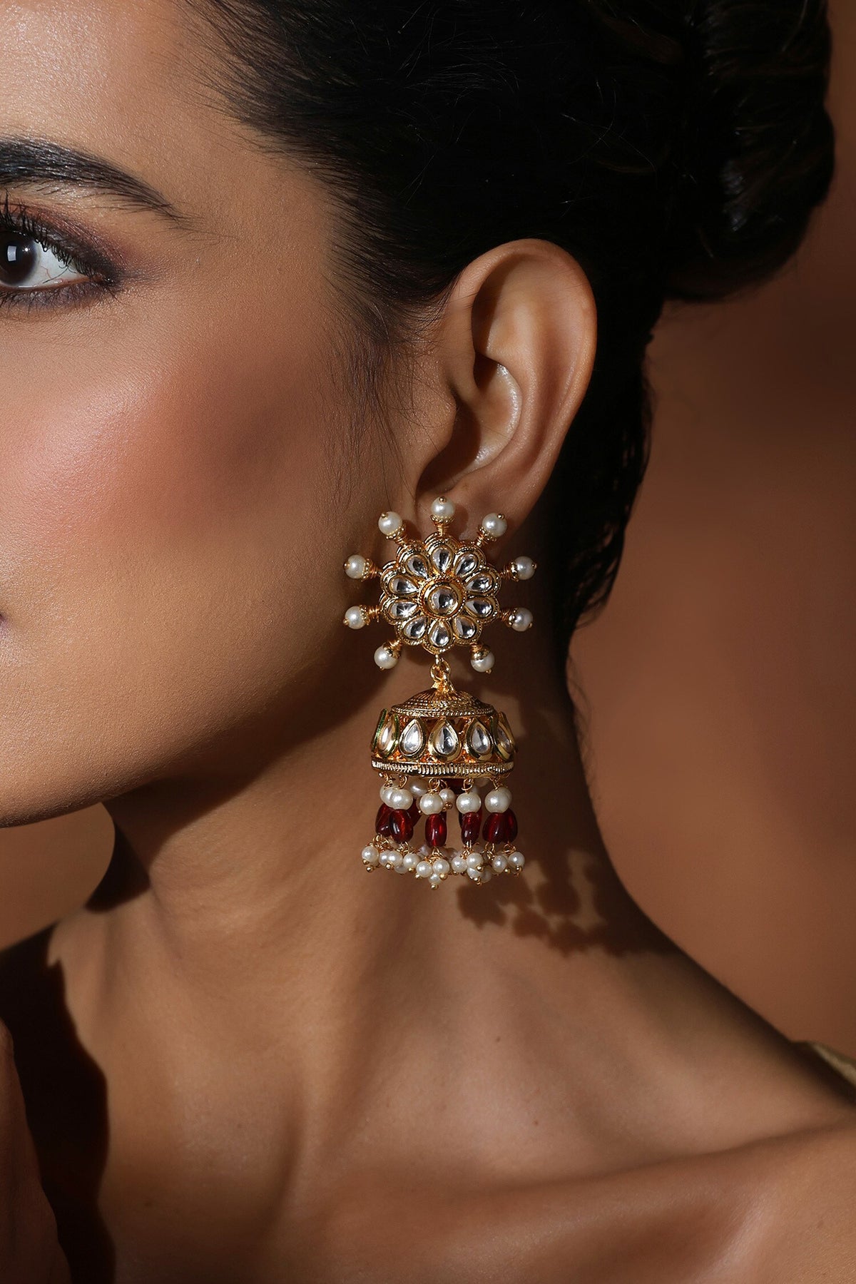 Kundan Pearl Blossom Jhumka Earrings 