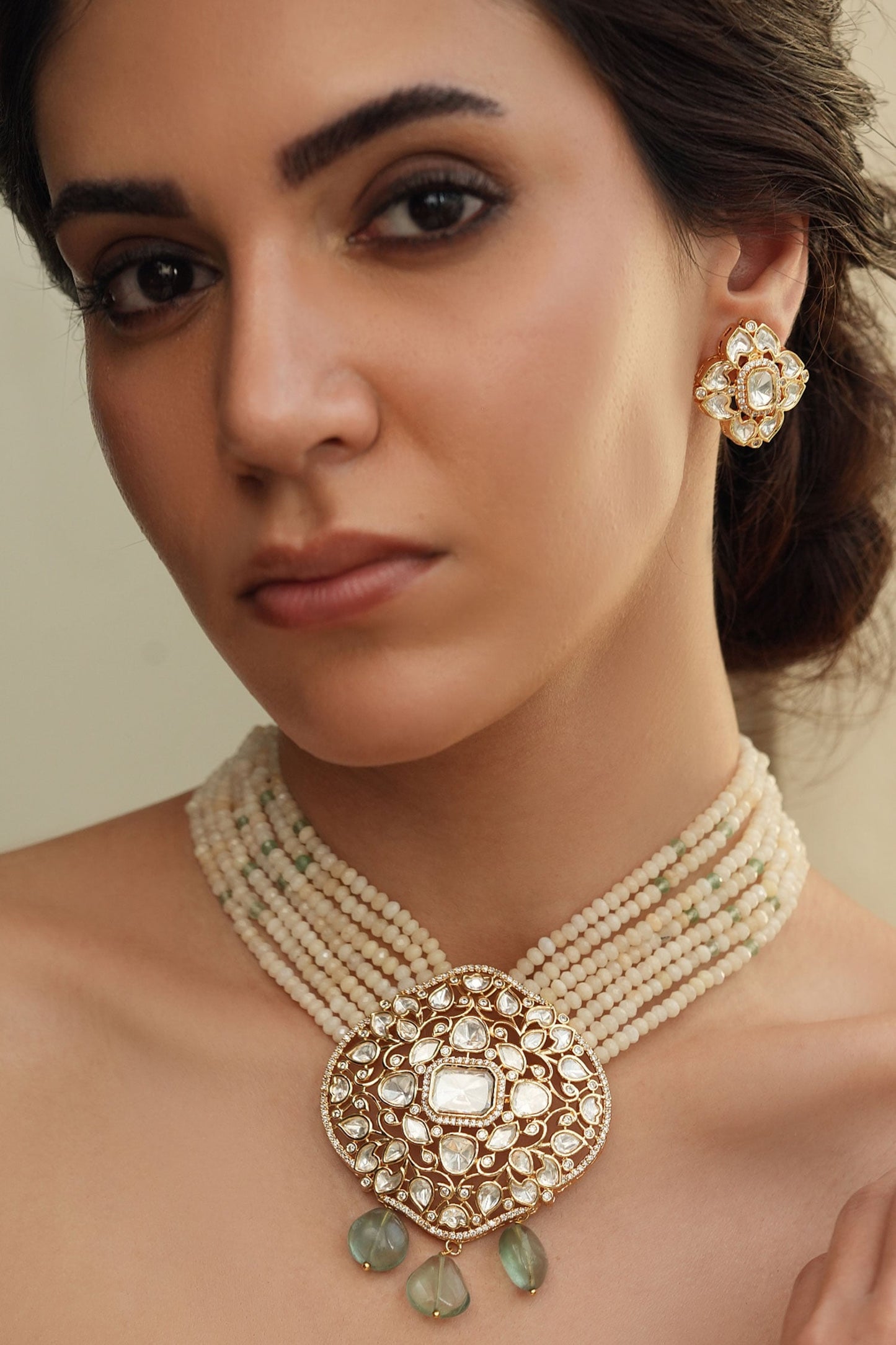 Gold Polki Bead Necklace & Earring Set 