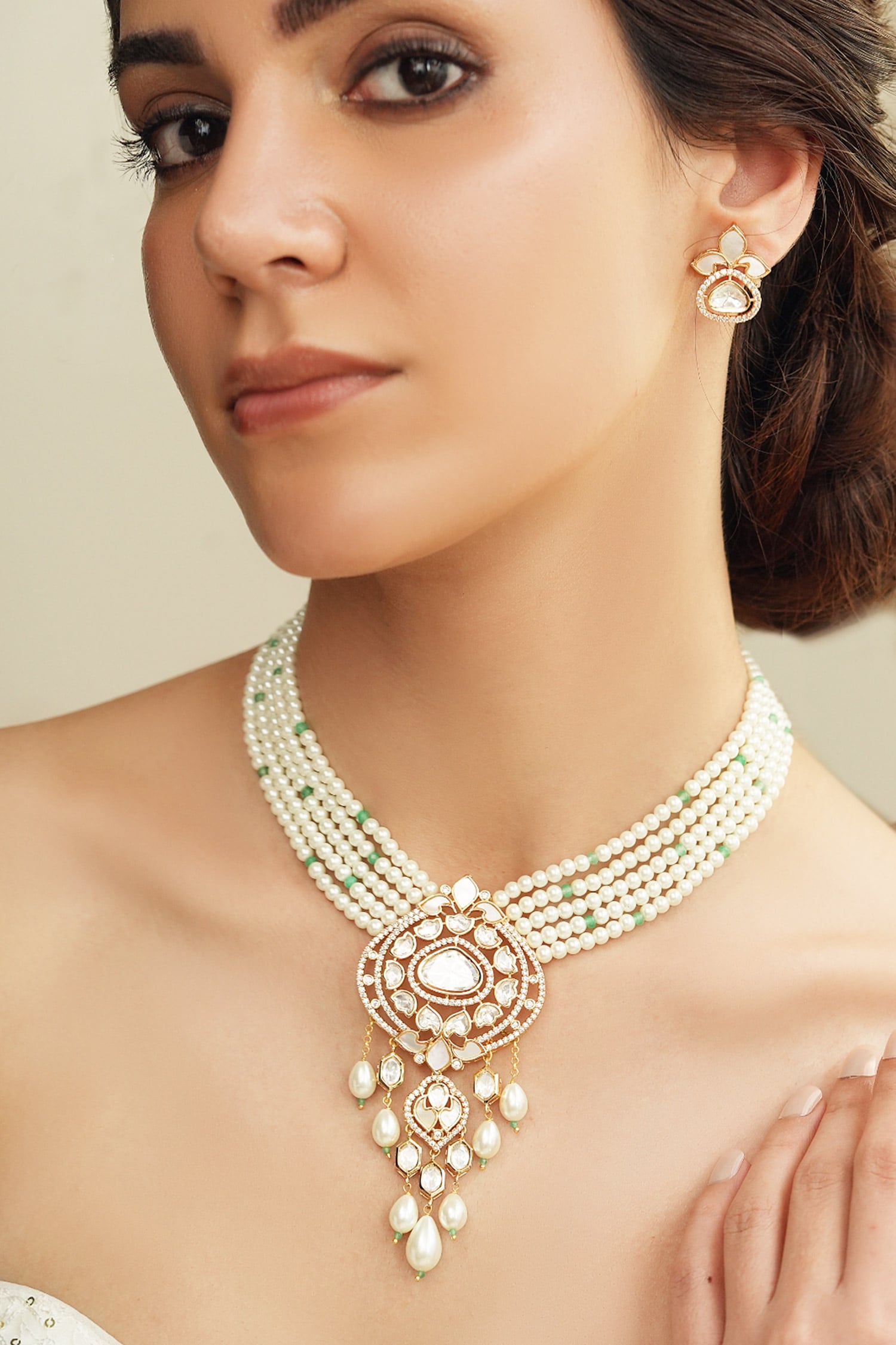 Gold Stone Embellished Pearl Necklace Set 