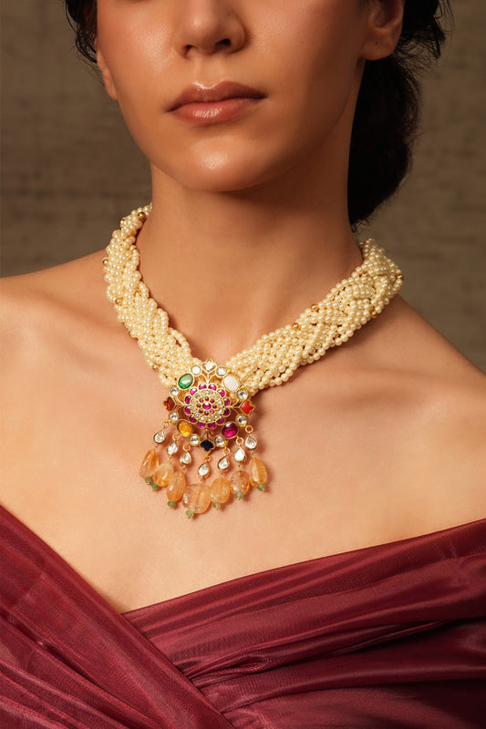 Gold Finish Bead Embellished Pendant Necklace 