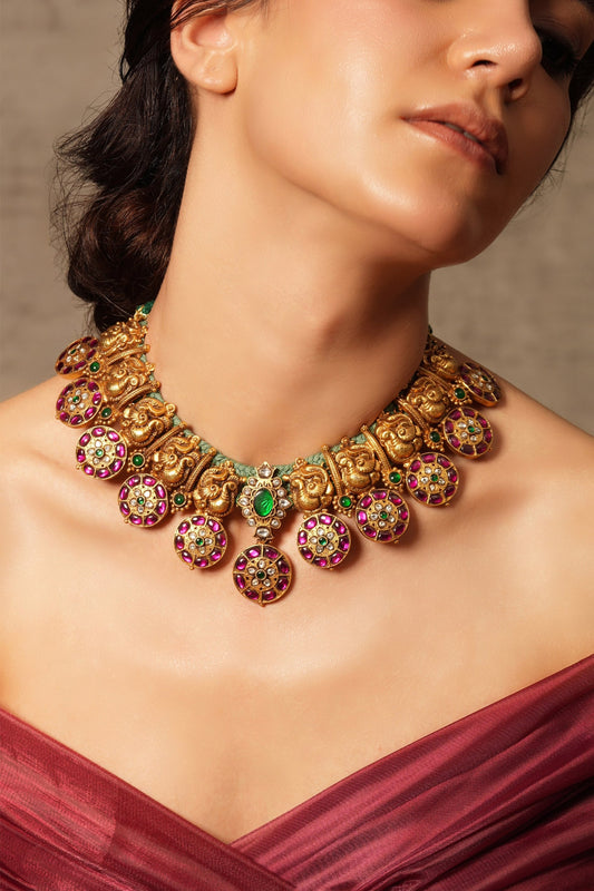 Gold Stone Embellished Peacock Choker 