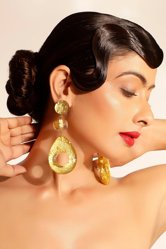 Gold Tonal Crystal Teardrop Earrings 