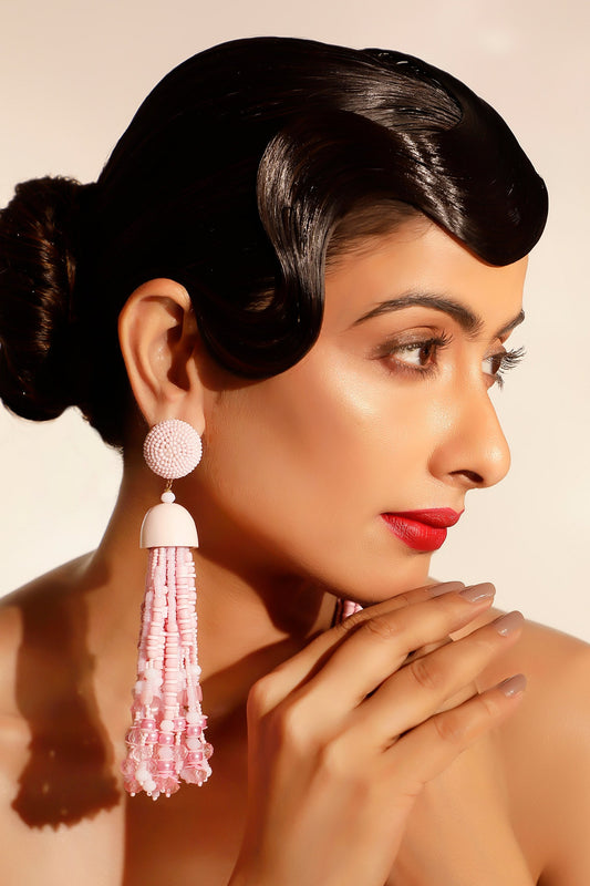 Pink Bead Embellished Long Tassel Earrings 