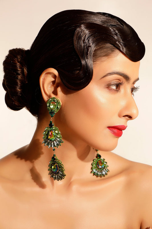 Floral Crystal Danglers with Green Beads 