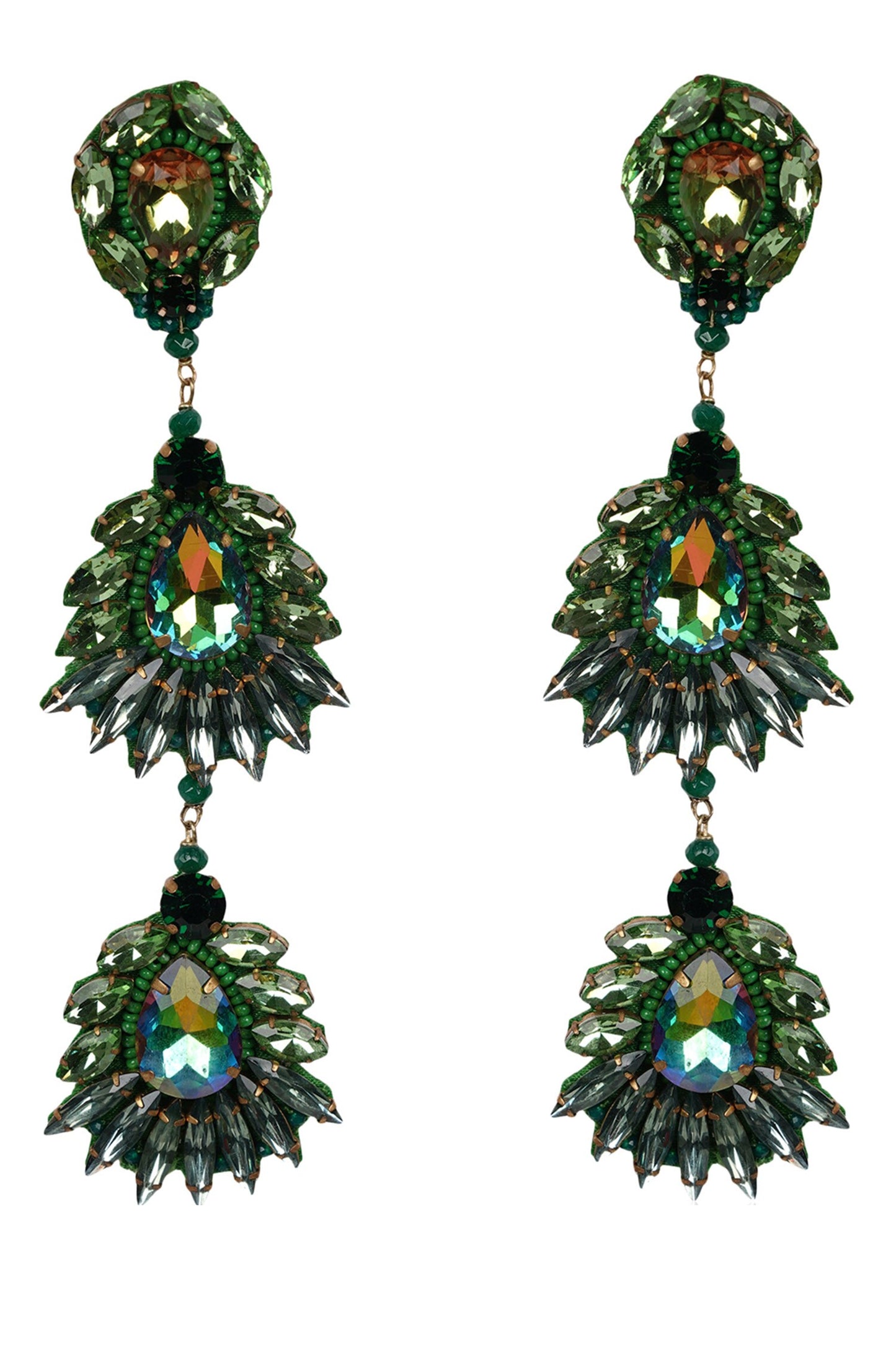 Floral Crystal Danglers with Green Beads 