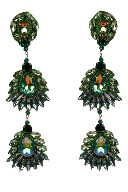 Floral Crystal Danglers with Green Beads 