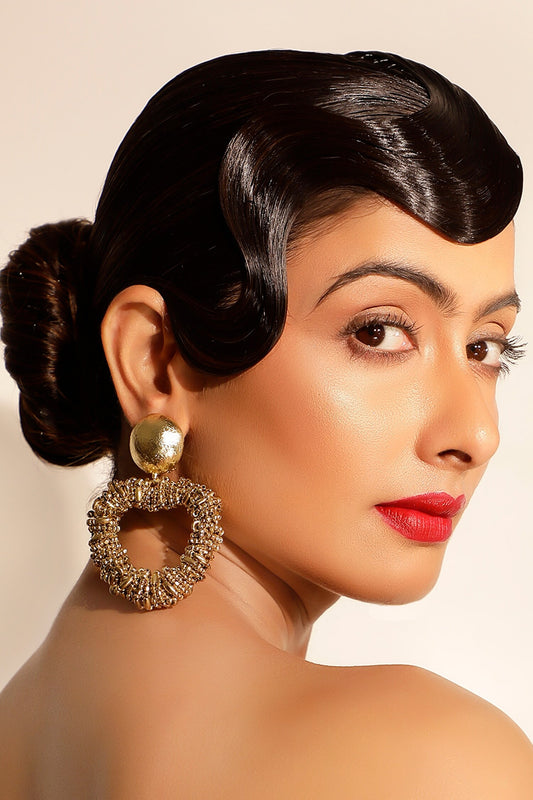 Gold Bead Embellished Heart Drop Earrings 