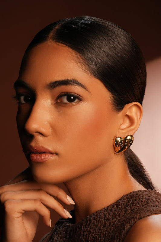 Gold Stone Embellished Heart Stud Earrings 