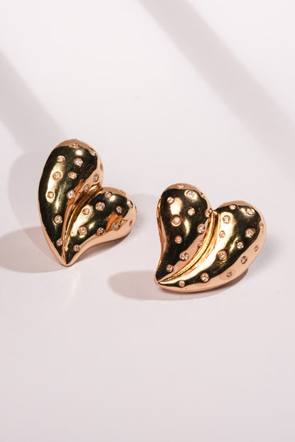Gold Stone Embellished Heart Stud Earrings 