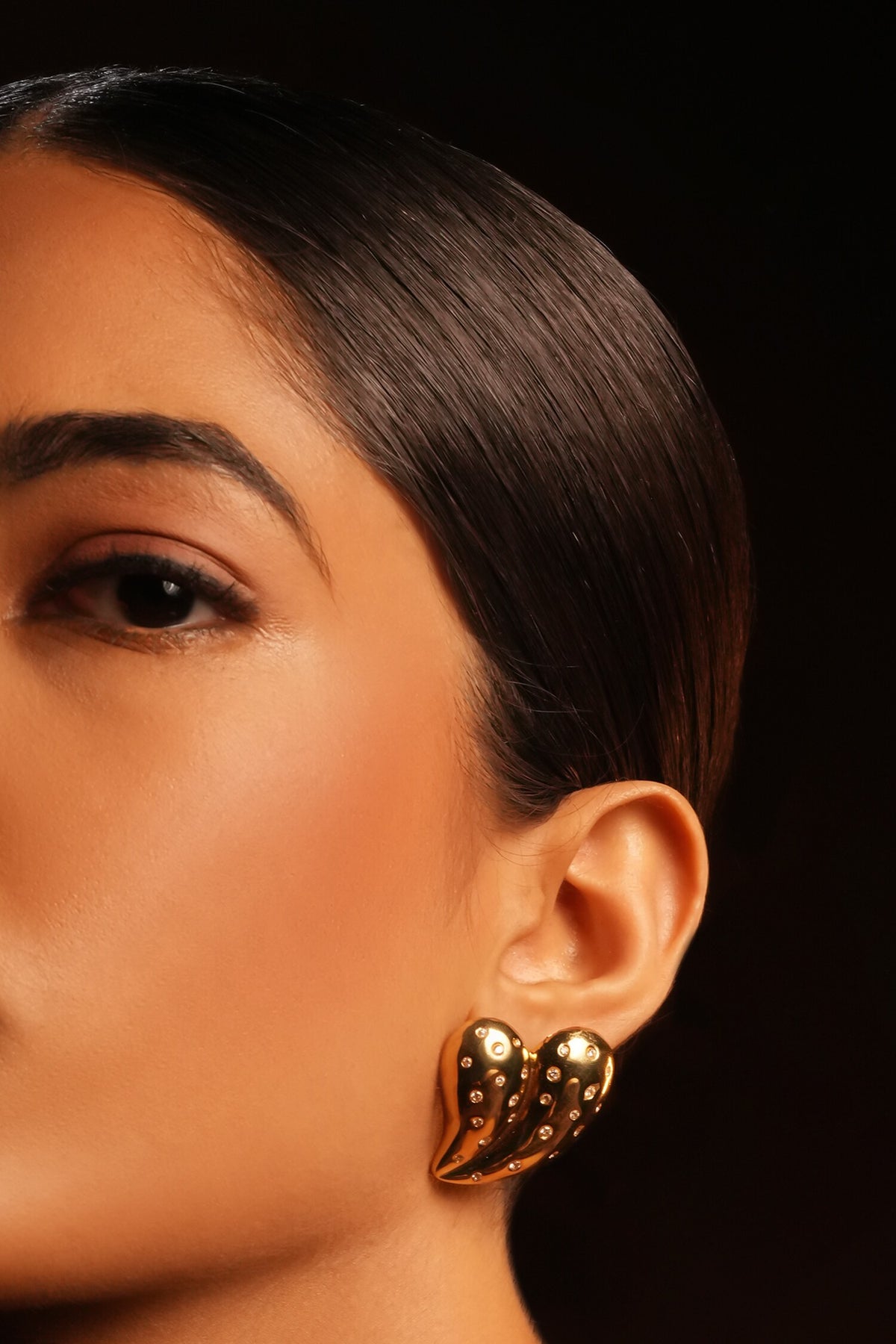 Gold Stone Embellished Heart Stud Earrings 