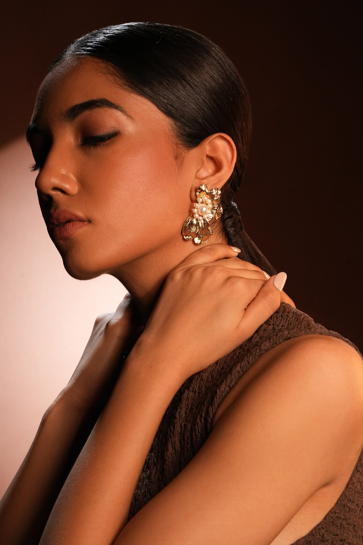 Gold Floral Pearl Embellished Earrings 
