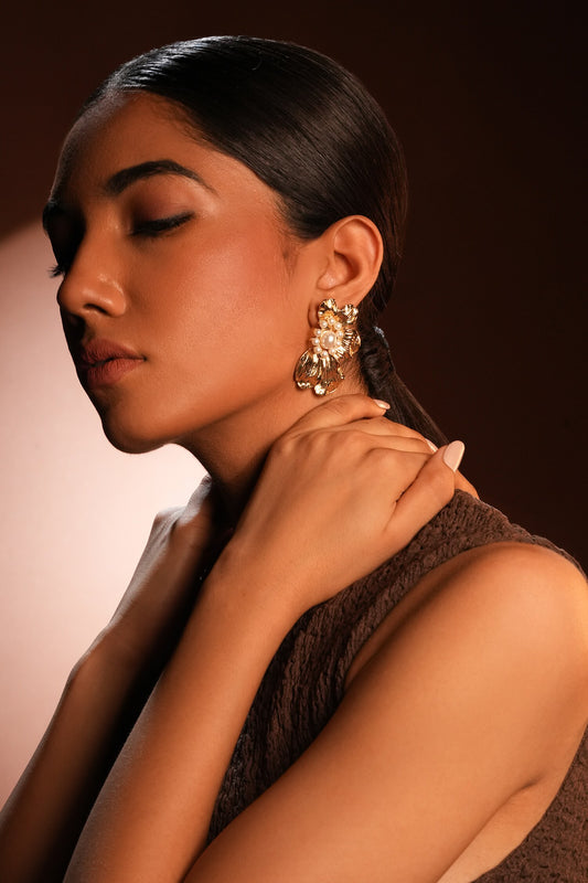 Gold Floral Pearl Embellished Earrings 