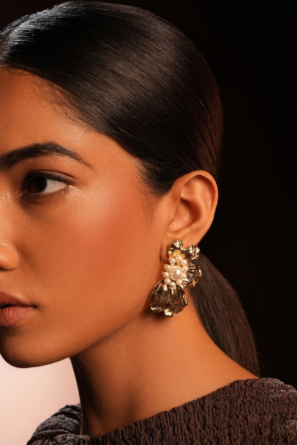 Gold Floral Pearl Embellished Earrings 