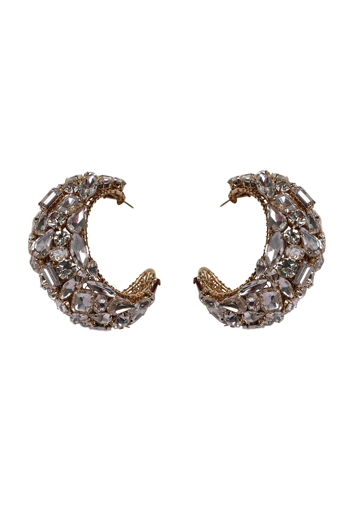Gold Crystal Embellished Half Hoop Earrings 