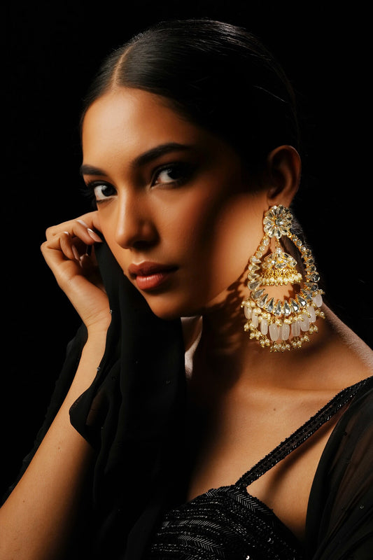 Crystal Bead Tasselled Chandbali Earrings 