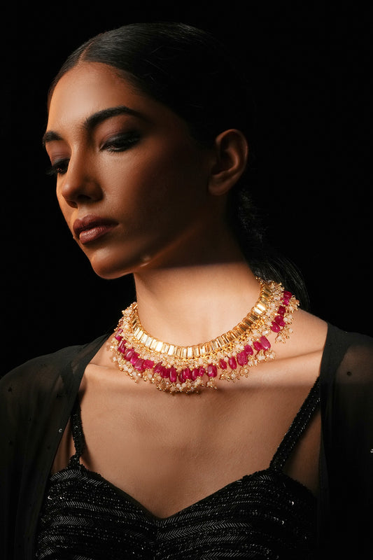 Gold Plated Crystal Bead Tassel Choker 