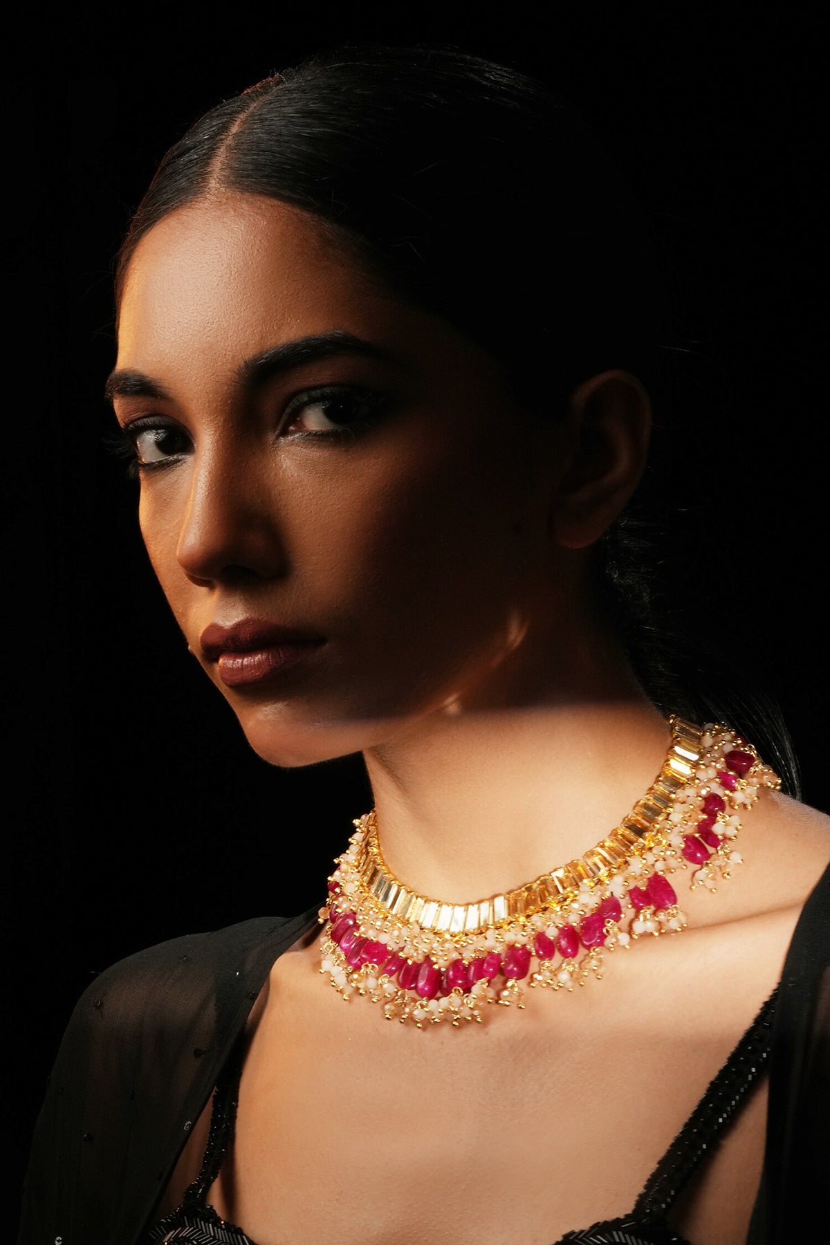 Gold Plated Crystal Bead Tassel Choker 