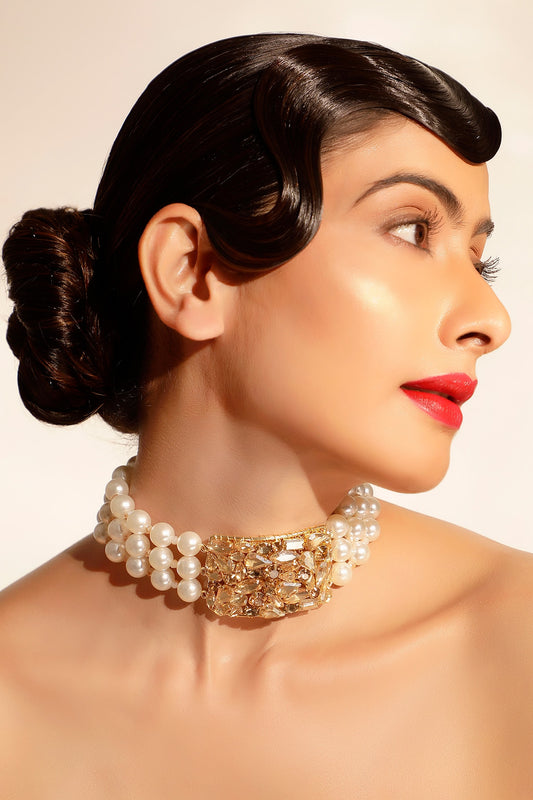 Gold Plated Pearl Choker Necklace 