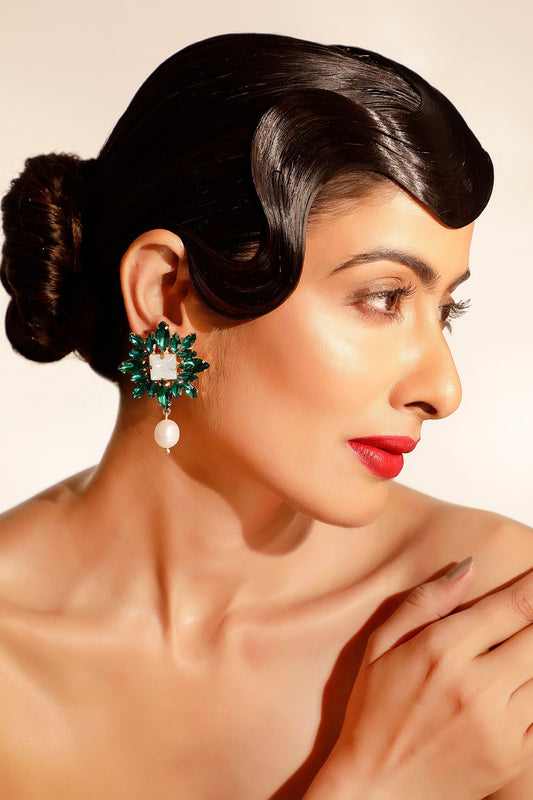 Green Crystal & Baroque Pearl Drop Earrings 