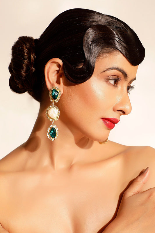 Teal Blue Gemstone & Pearl Drop Earrings 