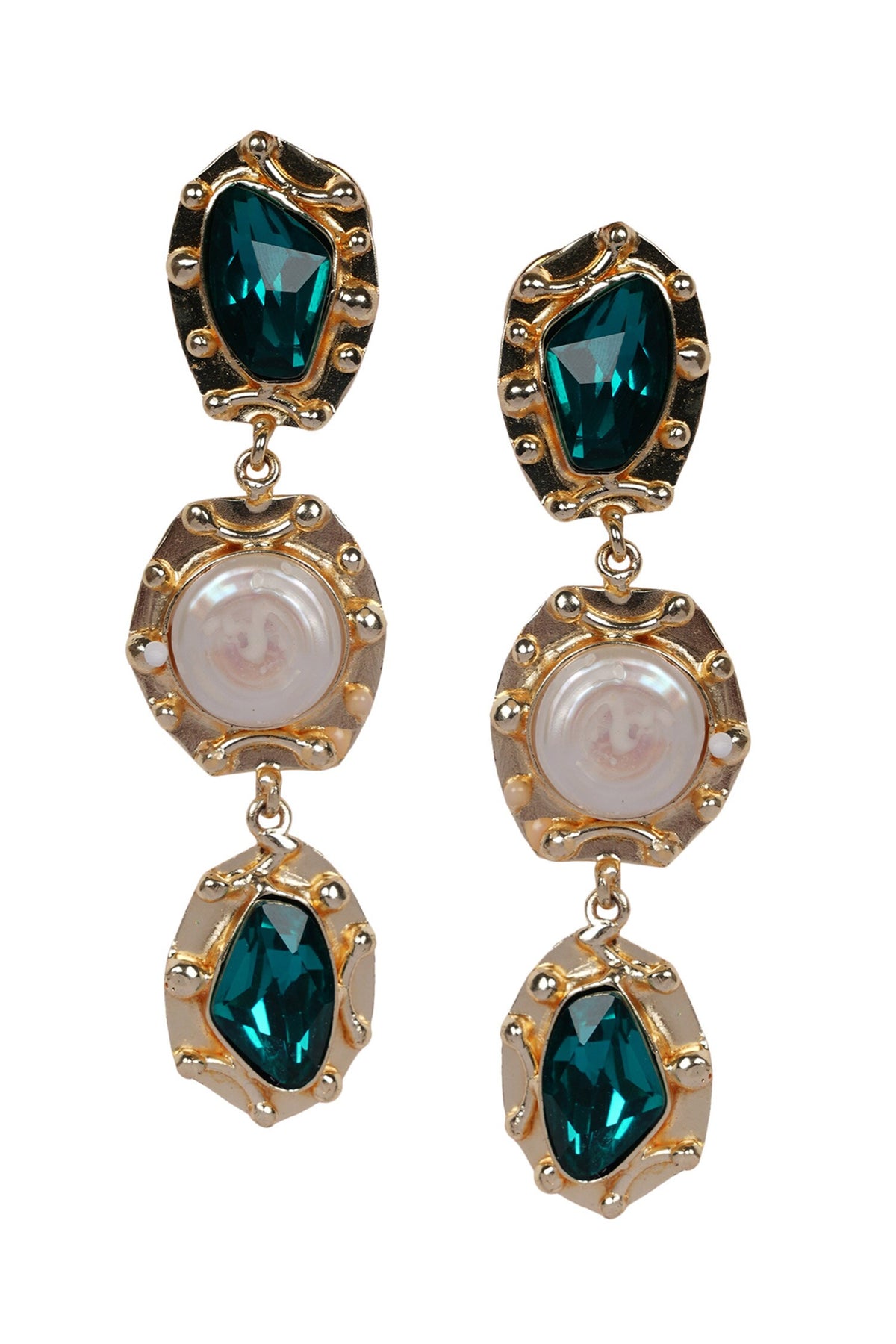 Teal Blue Gemstone & Pearl Drop Earrings 