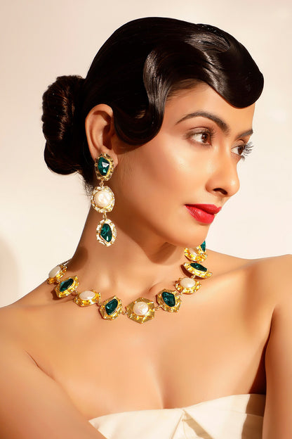 Teal Blue Gemstone & Pearl Drop Earrings 