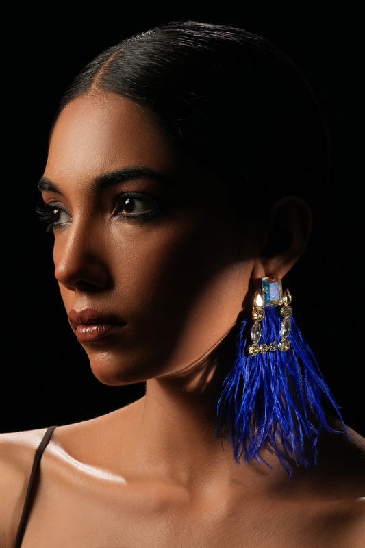 Blue Feather Crystal Long Earrings 