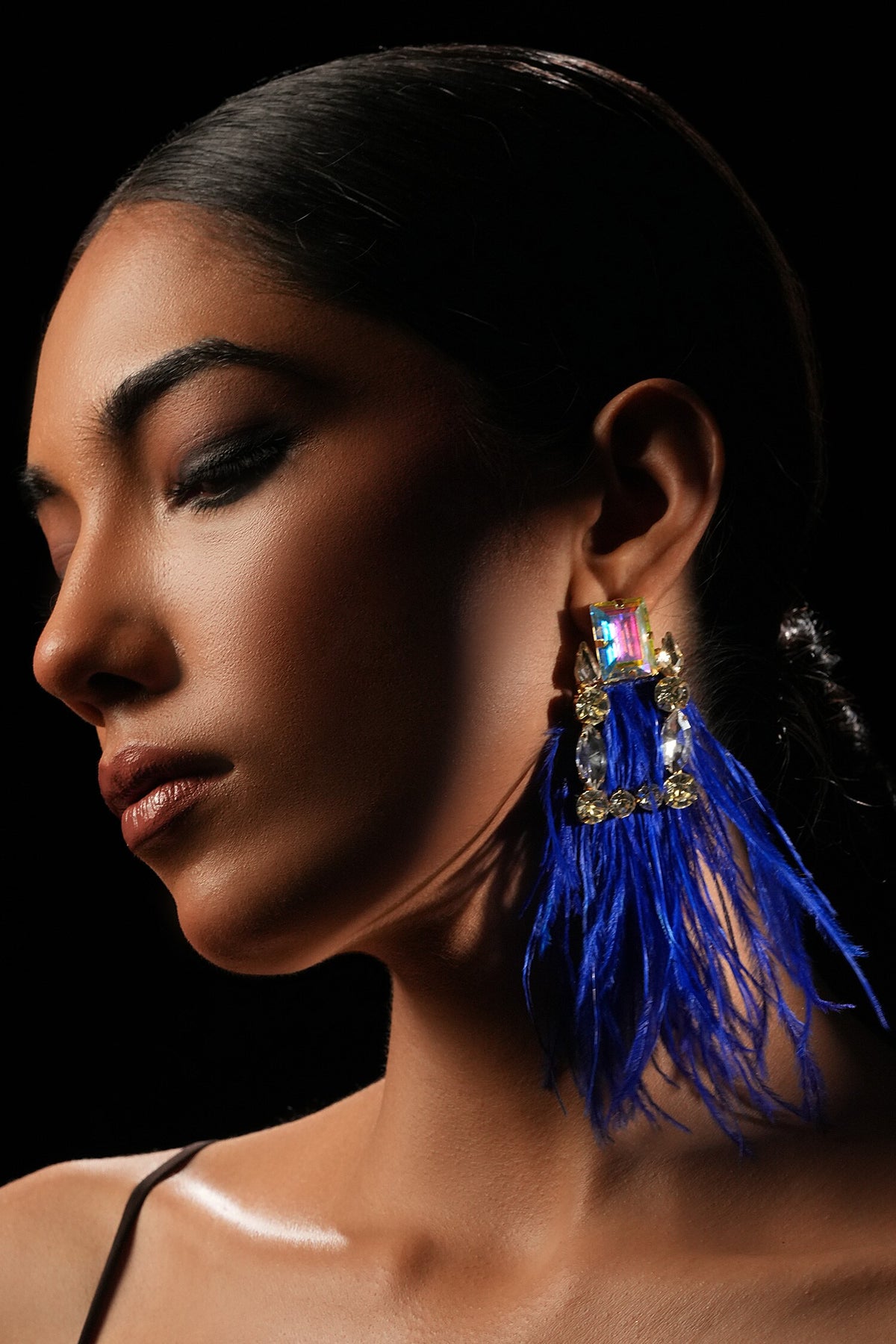 Blue Feather Crystal Long Earrings 