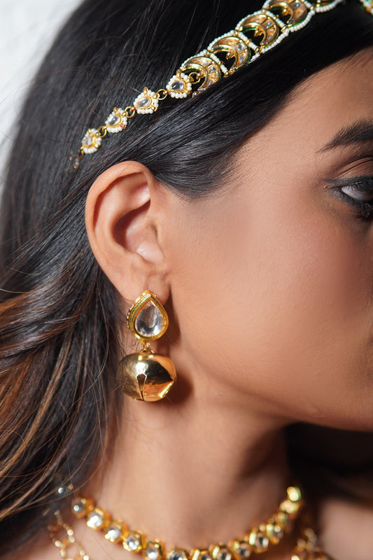 Gold Kundan Ghungroo Tear Drop Earrings 