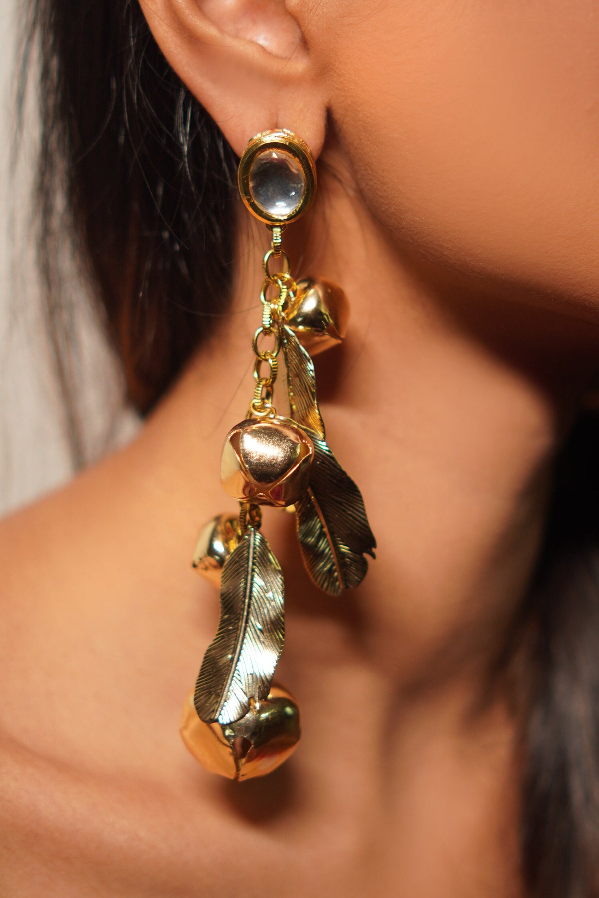 Gold Kundan Ghungroo Long Earrings 