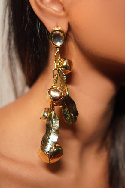 Gold Kundan Ghungroo Long Earrings 