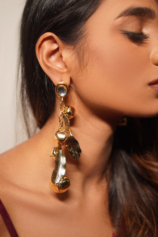 Gold Kundan Ghungroo Long Earrings 