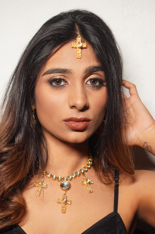 Gold Kundan Cross Shaped Necklace 