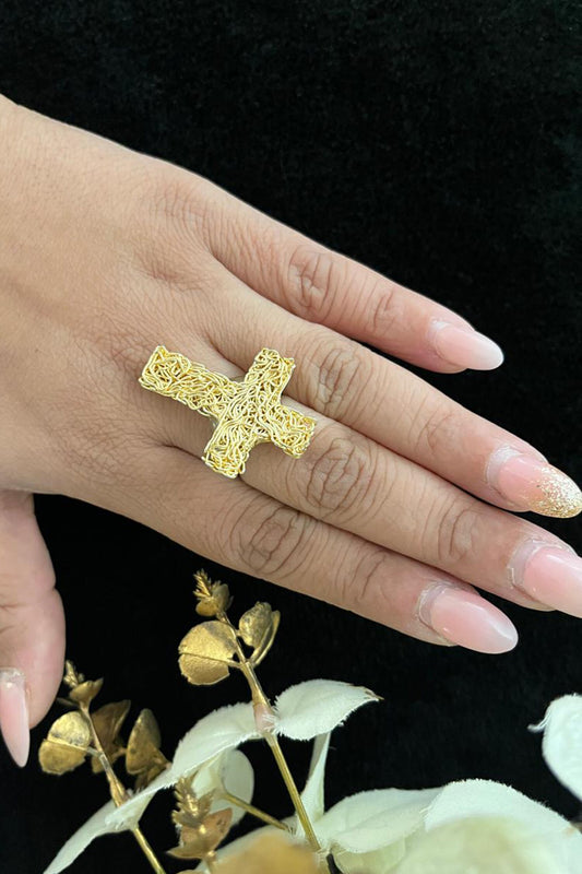 Gold Kundan Cross Shaped Ring 