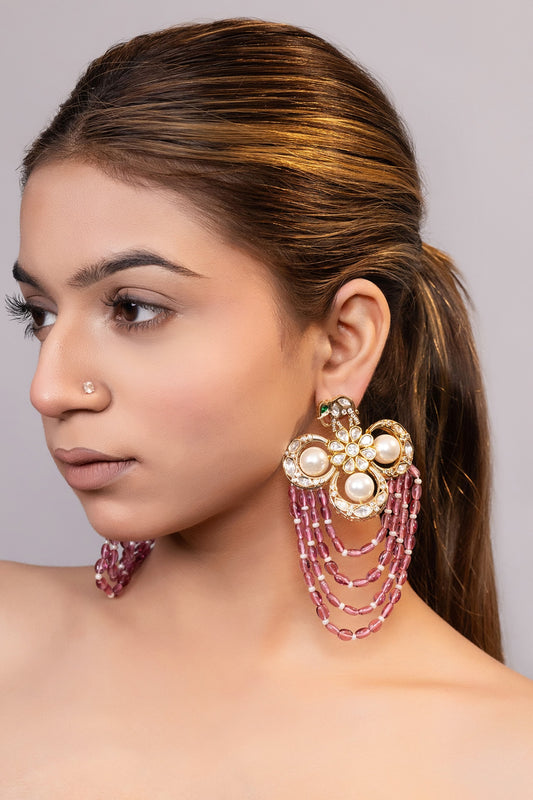 Gold Moissanite Floral Tassel Earrings 