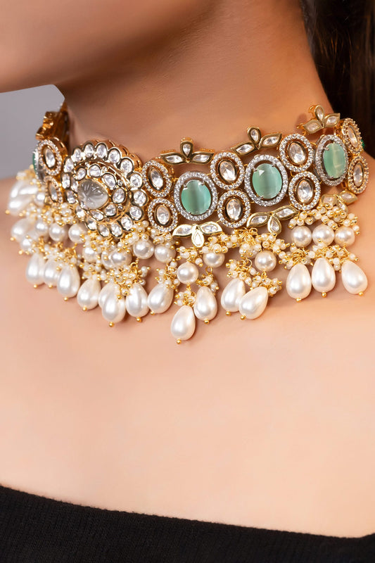Gold Moissanite Pearl Tasselled Choker 