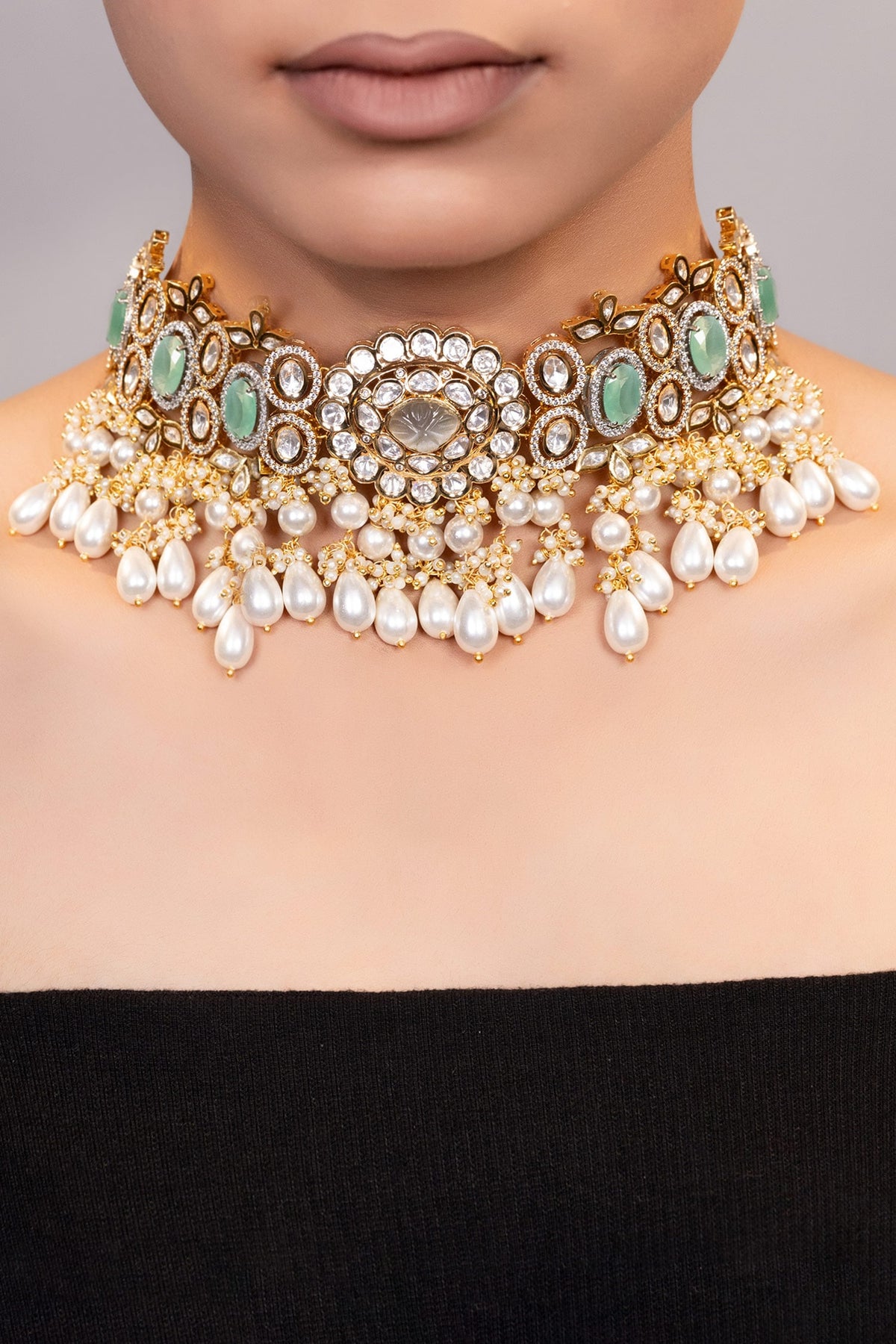 Gold Moissanite Pearl Tasselled Choker 