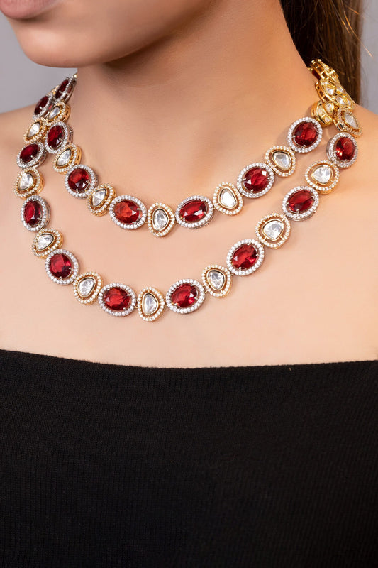 Gold Moissanite & Red Stone Layered Necklace 