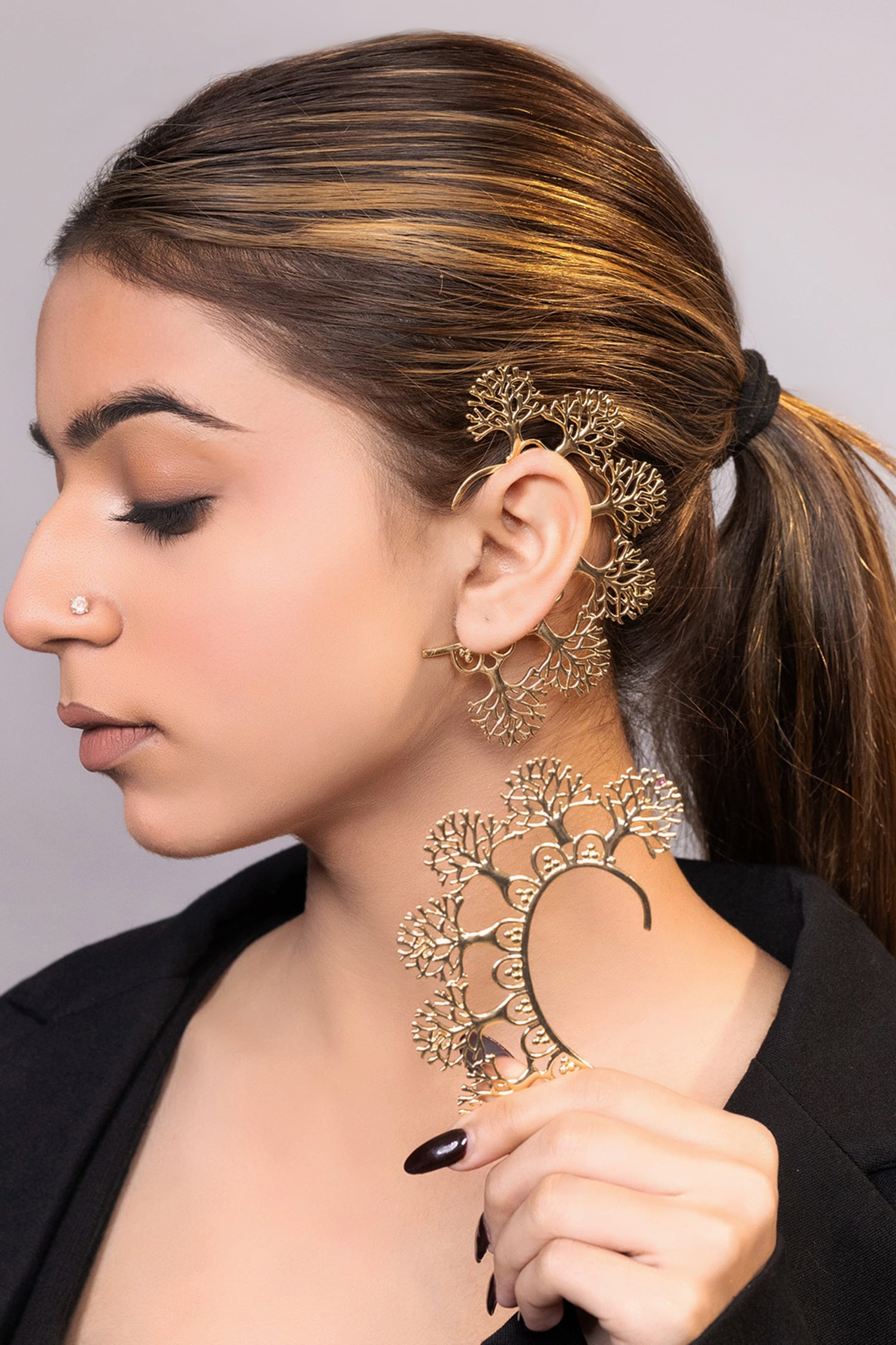 Gold Carved Tree Ear Cuffs 