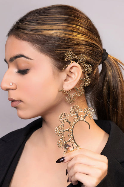 Gold Carved Tree Ear Cuffs 