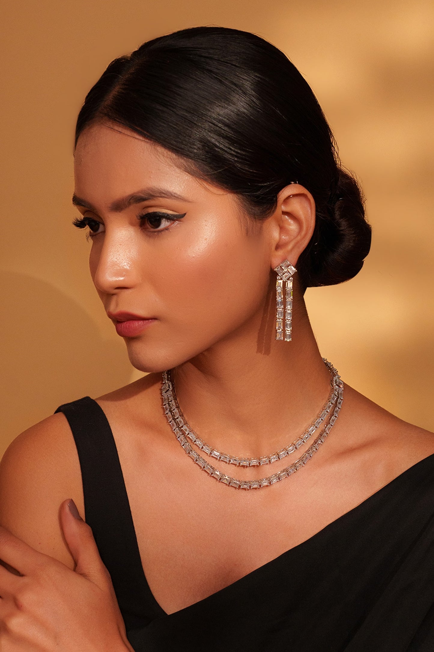 Faux Diamond Layered Necklace & Earring Set 