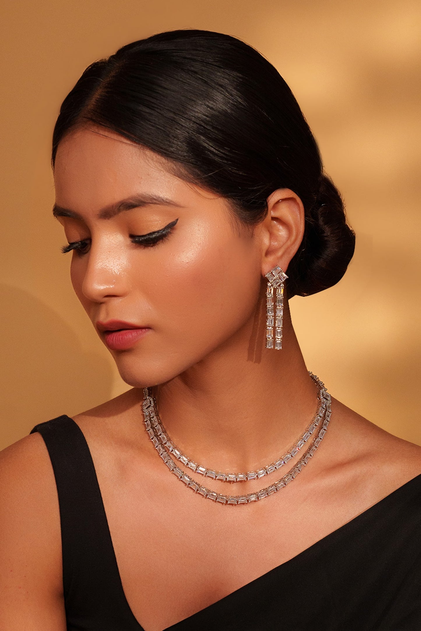 Faux Diamond Layered Necklace & Earring Set 