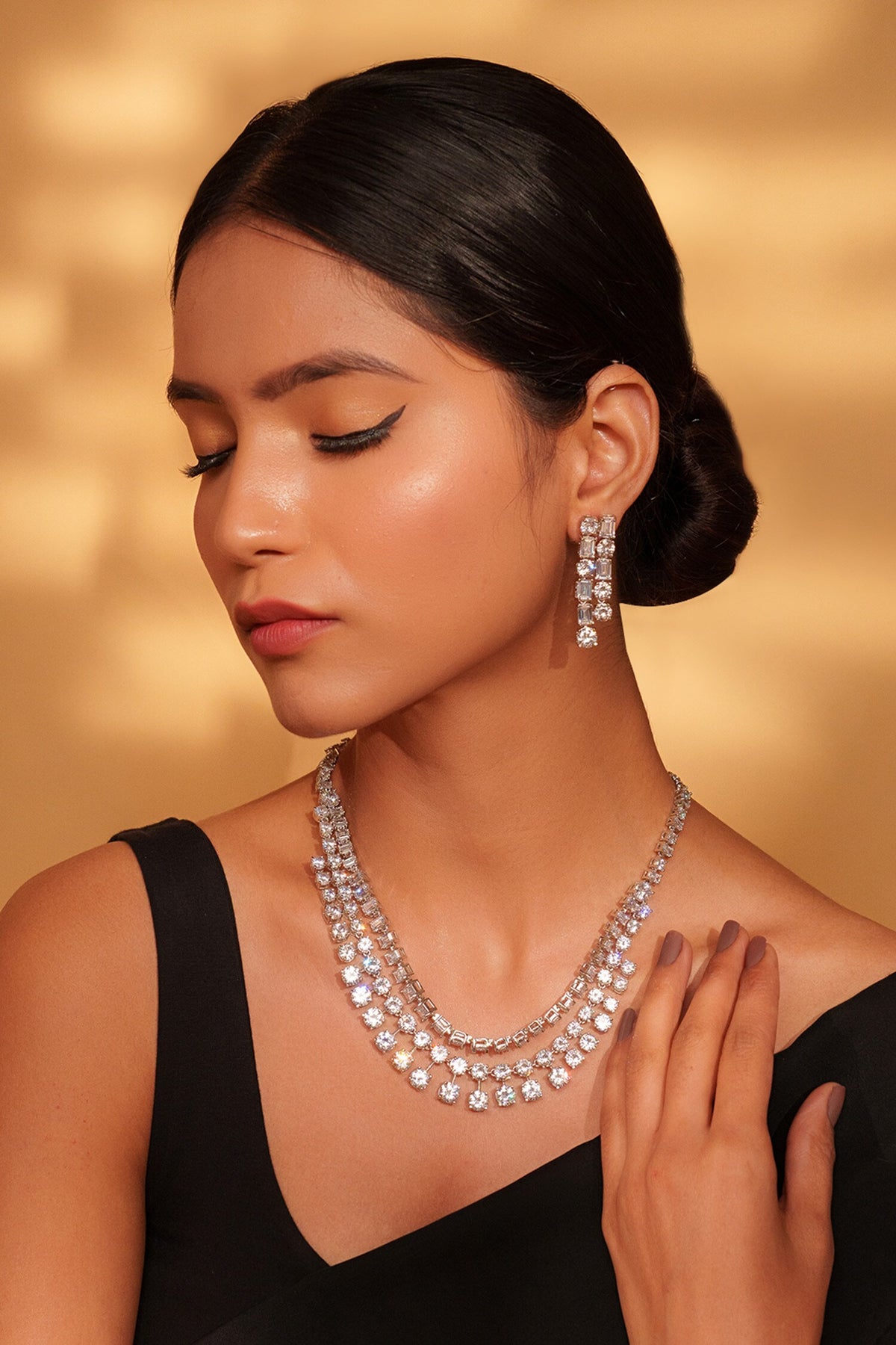 Stone Embellished Layered Necklace Set 