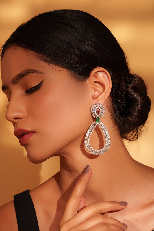 Geometric Dangler Earrings with Green Accent 